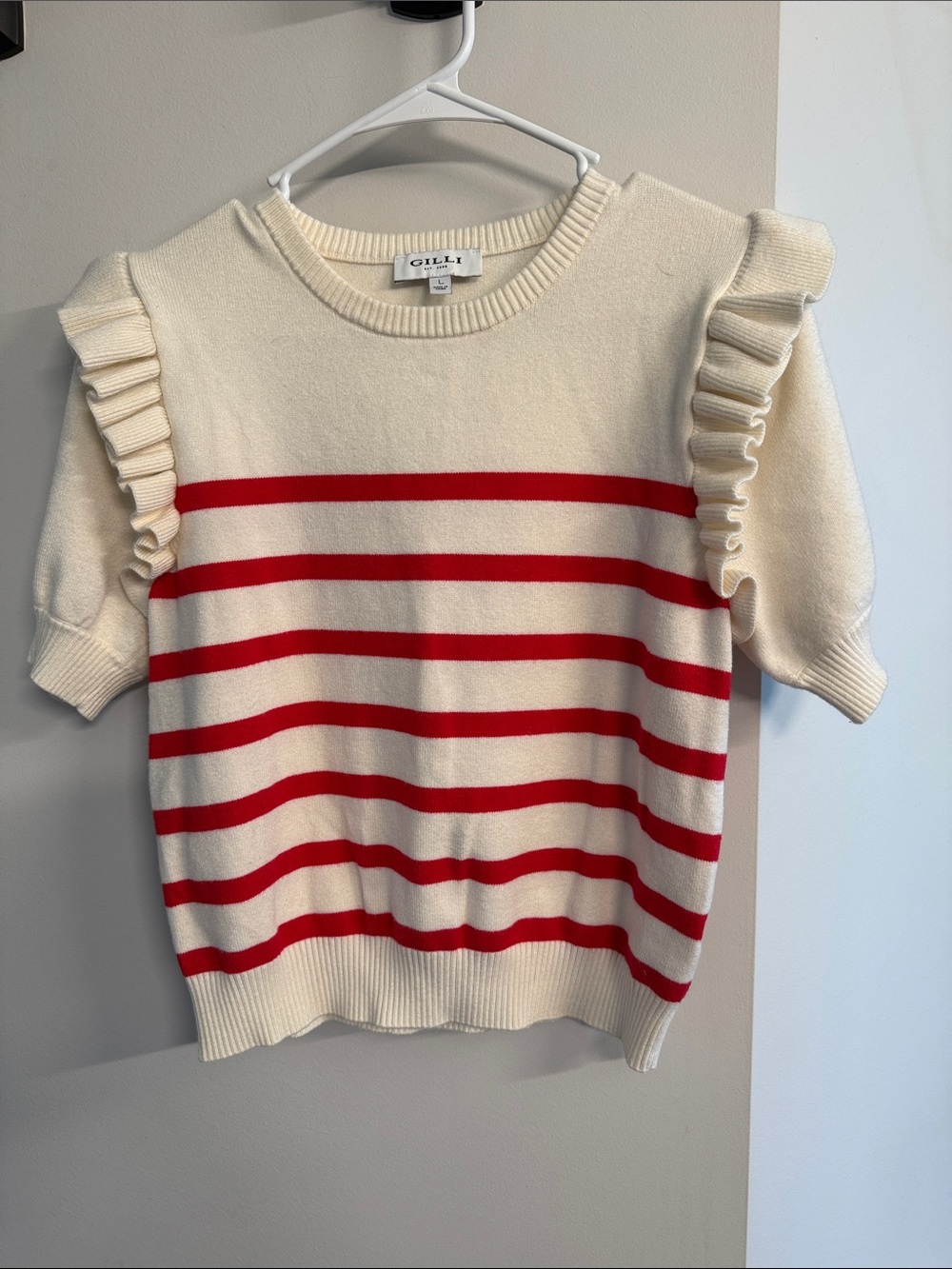 Gilli Cream Sweater Top with Red Stripes and Ruffle Sleeves